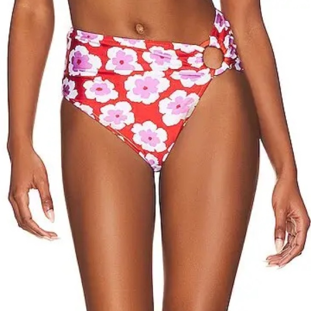 New PatBO x Anthropologie Windflower Lg Red Mid Rise Side-Ring Floral Bottoms
